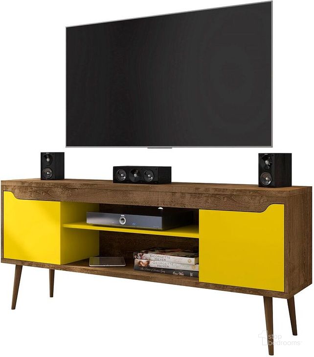 The appearance of Bradley Wood TV Stand for TVs up to 60" in Rustic Brown And Yellow designed by Manhattan Comfort in the transitional interior design. This brown and yellow piece of furniture  was selected by 1StopBedrooms from Bradley Collection to add a touch of cosiness and style into your home. Sku: 228BMC94. Product Type: TV Stand. Material: MDF. Image1