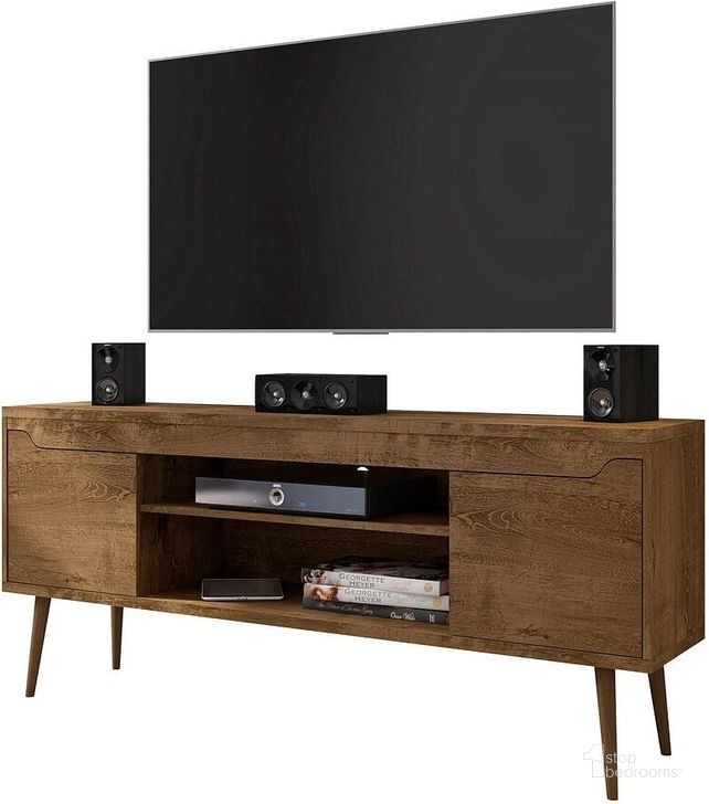 The appearance of Bradley 62.99 TV Stand Rustic Brown With 2 Media Shelves And 2 Storage Shelves In Rustic Brown With Solid Wood Legs designed by Manhattan Comfort in the transitional interior design. This rustic brown piece of furniture  was selected by 1StopBedrooms from Bradley Collection to add a touch of cosiness and style into your home. Sku: 228BMC9. Product Type: TV Stand. Material: MDF. Image1