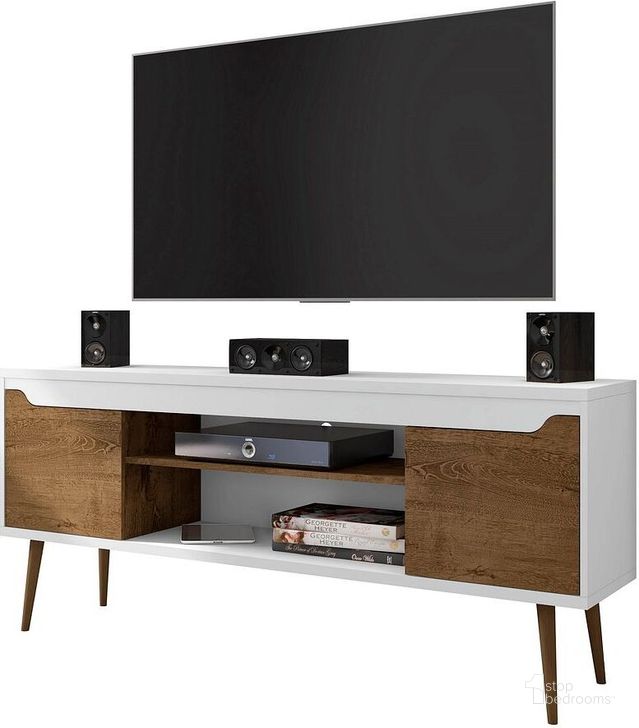 The appearance of Bradley TV Stand White And Rustic Brown designed by Manhattan Comfort in the transitional interior design. This white and brown piece of furniture  was selected by 1StopBedrooms from Bradley Collection to add a touch of cosiness and style into your home. Sku: 228BMC69. Product Type: TV Stand. Material: MDF. Image1