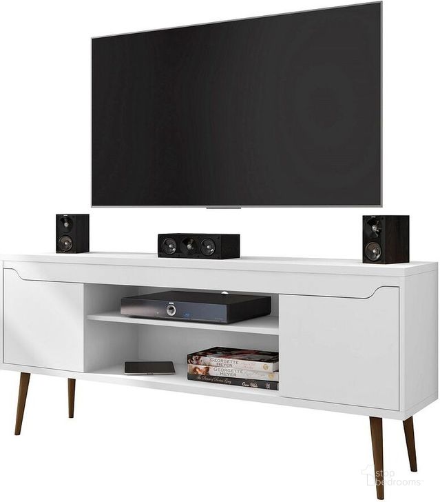 The appearance of Bradley 62.99 TV Stand White With 2 Media Shelves And 2 Storage Shelves In White With Solid Wood Legs designed by Manhattan Comfort in the transitional interior design. This white piece of furniture  was selected by 1StopBedrooms from Bradley Collection to add a touch of cosiness and style into your home. Sku: 228BMC6. Product Type: TV Stand. Material: MDF. Image1