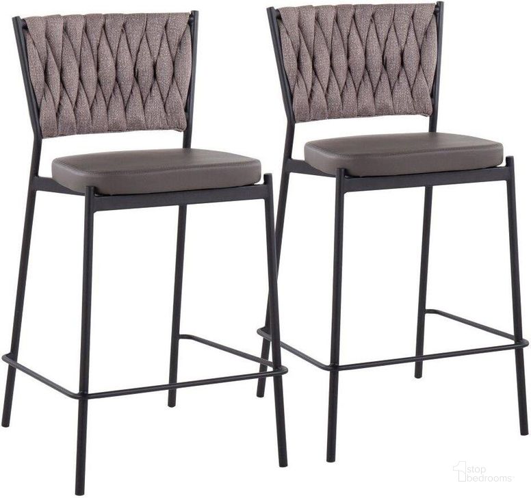 The appearance of Braided Tania Contemporary Counter Stool In Black Metal, Grey Faux Leather, And Light Brown Fabric - Set Of 2 designed by Lumisource in the modern / contemporary interior design. This black piece of furniture  was selected by 1StopBedrooms from Tania Collection to add a touch of cosiness and style into your home. Sku: B24-BRAIDTANIA BKGYLBN2. Material: Polyester. Product Type: Barstool. Image1
