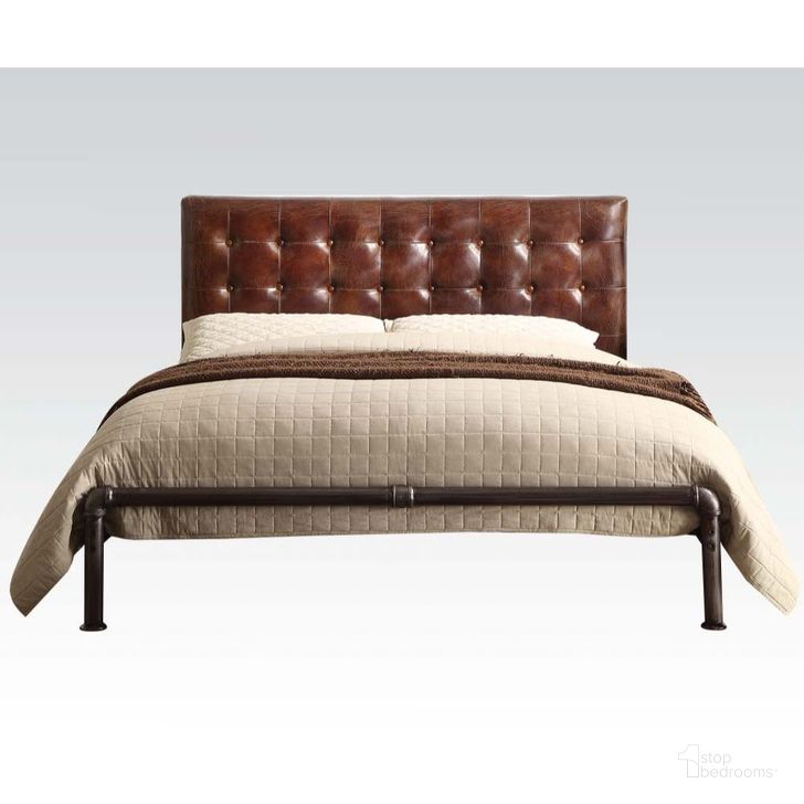 The appearance of Brancaster Vintage Brown Leather Queen Upholstered Metal Bed designed by ACME in the industrial interior design. This brown piece of furniture  was selected by 1StopBedrooms from Brancaster Collection to add a touch of cosiness and style into your home. Sku: 26210Q-HB;26211Q-FB;26212Q-SL. Material: Leather. Bed Size: Queen. Product Type: Slat / Spindle Bed. Bed Type: Slat / Spindle Bed. Image1