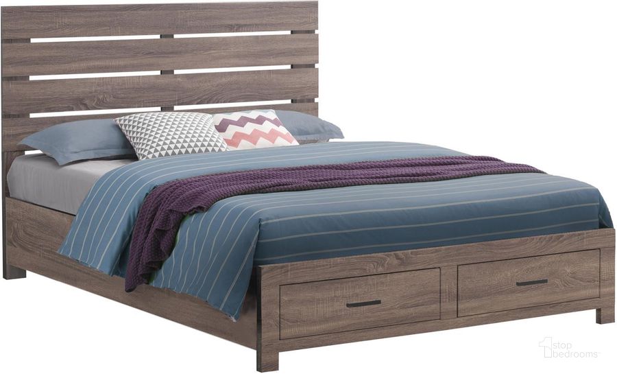 The appearance of Brantford Barrel Oak King Platform Storage Bed designed by Coaster in the transitional interior design. This brown piece of furniture  was selected by 1StopBedrooms from Brantford Collection to add a touch of cosiness and style into your home. Sku: 207040KEB1;207040KEB2. Bed Type: Platform Bed. Material: Wood. Product Type: Platform Bed. Bed Size: King. Image1