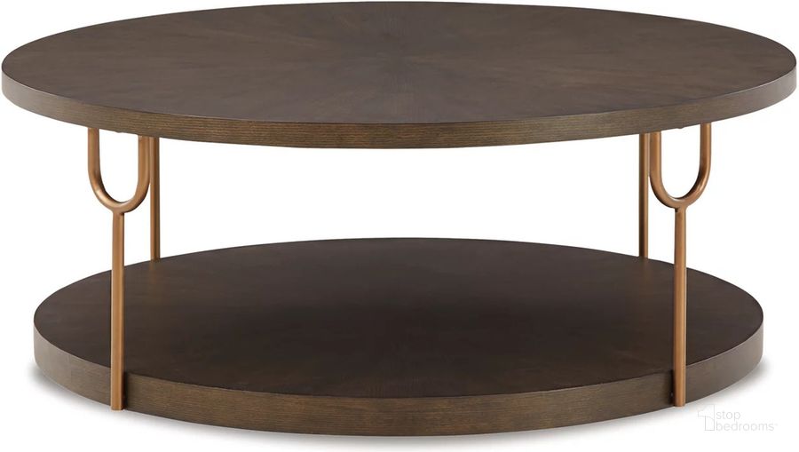 The appearance of Brazburn Dark Brown/Gold Finish Round Cocktail Table designed by Signature Design by Ashley in the modern / contemporary interior design. This dark brown and gold piece of furniture  was selected by 1StopBedrooms from Brazburn Collection to add a touch of cosiness and style into your home. Sku: T185-8. Material: Metal. Product Type: Cocktail Table. Image1