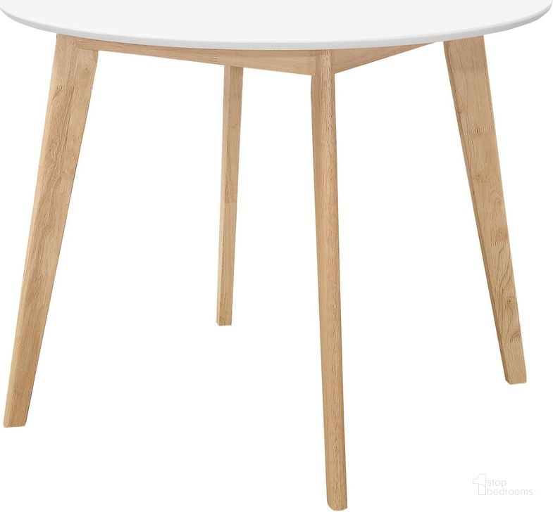 The appearance of Breckenridge Matte White And Natural Oak Round Dining Table designed by Coaster in the transitional interior design. This white piece of furniture  was selected by 1StopBedrooms from Breckenridge Collection to add a touch of cosiness and style into your home. Sku: 192790. Table Base Style: Legs. Table Top Shape: Round. Product Type: Dining Table. Material: MDF. Size: 40". Image1