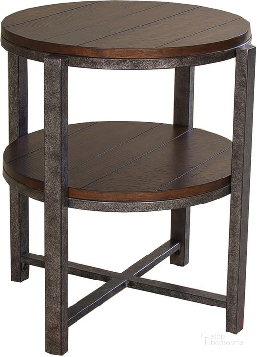 The appearance of Breckinridge Mahogany Spice with Pewter Metal Round End Table designed by Liberty in the transitional interior design. This brown piece of furniture  was selected by 1StopBedrooms from Breckinridge Collection to add a touch of cosiness and style into your home. Sku: 348-OT1020. Table Top Shape: Round. Material: Wood. Product Type: End Table. Image1