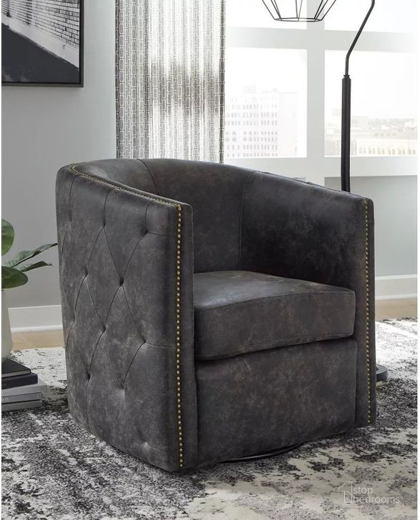 The appearance of Brentlow Distressed Black Accent Chair designed by Signature Design by Ashley in the traditional interior design. This distressed black piece of furniture  was selected by 1StopBedrooms from Brentlow Collection to add a touch of cosiness and style into your home. Sku: A3000202. Material: Fabric. Product Type: Accent Chair. Image1