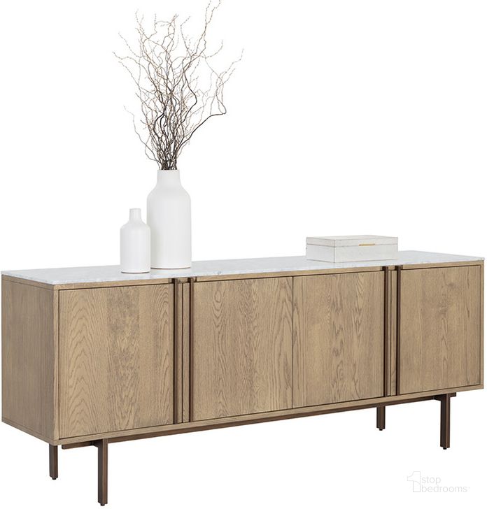 The appearance of Briar Sideboard In Weathered Oak designed by Sunpan in the transitional interior design. This weathered oak piece of furniture  was selected by 1StopBedrooms from Briar Collection to add a touch of cosiness and style into your home. Sku: 107442. Material: Marble. Product Type: Sideboard. Image1