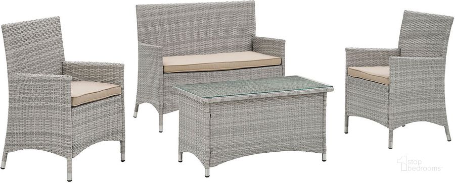 The appearance of Bridge Light Gray Beige 4 Piece Outdoor Patio Patio Conversation Set designed by Modway in the modern / contemporary interior design. This light gray beige piece of furniture  was selected by 1StopBedrooms from Bridge Collection to add a touch of cosiness and style into your home. Sku: EEI-2212-LGR-BEI. Material: Rattan. Product Type: Outdoor Conversation Set. Image1