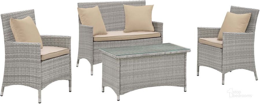 The appearance of Bridge Light Gray Beige 4 Piece Outdoor Patio Patio Conversation Set with Pillow Set designed by Modway in the modern / contemporary interior design. This light gray beige piece of furniture  was selected by 1StopBedrooms from Bridge Collection to add a touch of cosiness and style into your home. Sku: EEI-2763-LGR-BEI. Material: Aluminum. Product Type: Outdoor Conversation Set. Image1