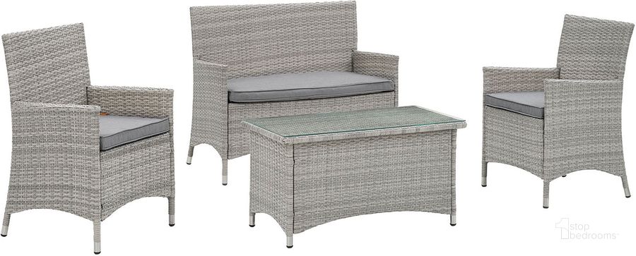 The appearance of Bridge Light Gray Gray 4 Piece Outdoor Patio Patio Conversation Set designed by Modway in the modern / contemporary interior design. This light gray gray piece of furniture  was selected by 1StopBedrooms from Bridge Collection to add a touch of cosiness and style into your home. Sku: EEI-2212-LGR-GRY. Material: Rattan. Product Type: Outdoor Conversation Set. Image1