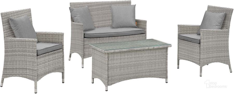 The appearance of Bridge Light Gray Gray 4 Piece Outdoor Patio Patio Conversation Set with Pillow Set designed by Modway in the modern / contemporary interior design. This light gray gray piece of furniture  was selected by 1StopBedrooms from Bridge Collection to add a touch of cosiness and style into your home. Sku: EEI-2763-LGR-GRY. Material: Aluminum. Product Type: Outdoor Conversation Set. Image1
