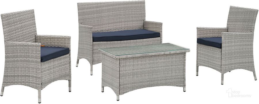 The appearance of Bridge Light Gray Navy 4 Piece Outdoor Patio Patio Conversation Set designed by Modway in the modern / contemporary interior design. This light gray navy piece of furniture  was selected by 1StopBedrooms from Bridge Collection to add a touch of cosiness and style into your home. Sku: EEI-2212-LGR-NAV. Material: Rattan. Product Type: Outdoor Conversation Set. Image1