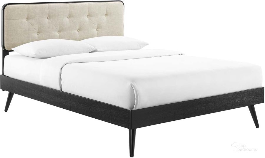 The appearance of Bridgette King Wood Platform Bed With Splayed Legs MOD-6647-BLK-BEI designed by Modway in the modern / contemporary interior design. This black and beige piece of furniture  was selected by 1StopBedrooms from Bridgette Collection to add a touch of cosiness and style into your home. Sku: MOD-6647-BLK-BEI. Bed Type: Platform Bed. Material: Wood. Product Type: Platform Bed. Bed Size: King. Image1