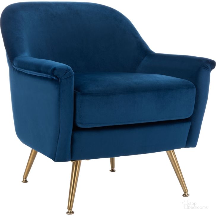 The appearance of Brienne Navy and Brass Mid Century Arm Chair designed by Safavieh in the rustic / southwestern interior design. This navy velvet piece of furniture  was selected by 1StopBedrooms from Brienne Collection to add a touch of cosiness and style into your home. Sku: ACH4506C. Product Type: Accent Chair. Material: Stainless Steel. Image1