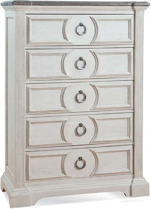 The appearance of Brighten Antique White And Charcoal 5 Drawer Chest designed by American Woodcrafters in the transitional interior design. This white piece of furniture  was selected by 1StopBedrooms from Brighten Collection to add a touch of cosiness and style into your home. Sku: 9410-150. Product Type: Chest. Material: Rubberwood. Image1