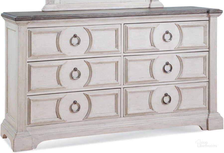 The appearance of Brighten Antique White And Charcoal 6 Drawer Dresser designed by American Woodcrafters in the transitional interior design. This white piece of furniture  was selected by 1StopBedrooms from Brighten Collection to add a touch of cosiness and style into your home. Sku: 9410-260. Product Type: Dresser. Material: Rubberwood. Image1