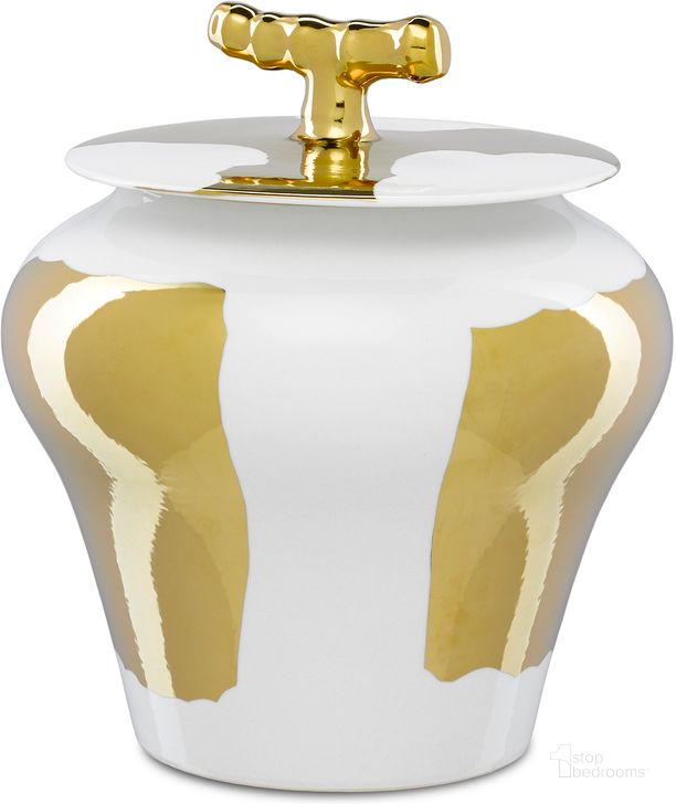 The appearance of Brill Large White and Gold Jar designed by Currey & Company in the modern / contemporary interior design. This white and gold piece of furniture  was selected by 1StopBedrooms from Brill Collection to add a touch of cosiness and style into your home. Sku: 1200-0326. Material: Porcelain. Product Type: Jar. Image1