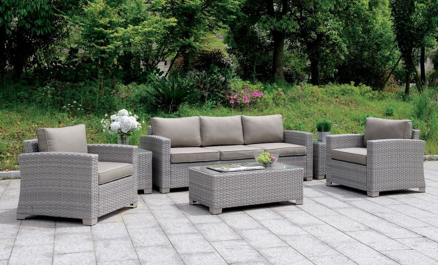 The appearance of Brindsmade 6 Piece Patio Set With Coffee Table With 2 End Tables In Light Brown and Gray designed by Furniture of America in the modern / contemporary interior design. This light brown and gray piece of furniture  was selected by 1StopBedrooms from Brindsmade Collection to add a touch of cosiness and style into your home. Sku: CM-OS1842GY-SF;CM-OS1842GY-CH;CM-OS1842GY-C;CM-OS1842GY-E. Material: Aluminum. Product Type: Outdoor Conversation Set. Image1