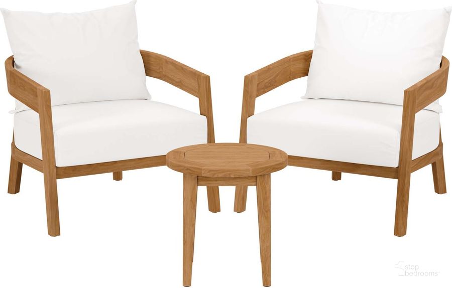 The appearance of Brisbane 3-Piece Teak Wood Outdoor Patio Set In Natural White EEI-5835-NAT-WHI designed by Modway in the modern / contemporary interior design. This natural white piece of furniture  was selected by 1StopBedrooms from Brisbane Collection to add a touch of cosiness and style into your home. Sku: EEI-5835-NAT-WHI. Product Type: Outdoor Set. Material: Stainless Steel. Image1