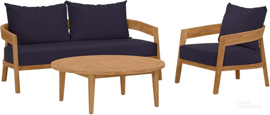 The appearance of Brisbane 3-Piece Teak Wood Outdoor Patio Set In Navy EEI-5834-NAT-NAV designed by Modway in the modern / contemporary interior design. This navy piece of furniture  was selected by 1StopBedrooms from Brisbane Collection to add a touch of cosiness and style into your home. Sku: EEI-5834-NAT-NAV. Product Type: Outdoor Set. Material: Stainless Steel. Image1