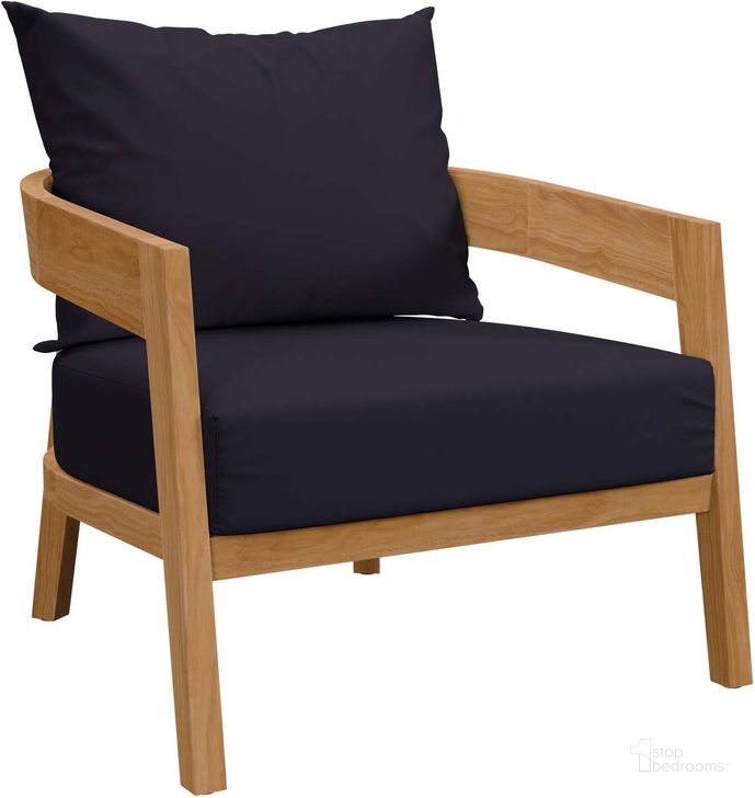 The appearance of Brisbane Teak Wood Outdoor Patio Armchair In Navy designed by Modway in the modern / contemporary interior design. This navy piece of furniture  was selected by 1StopBedrooms from Brisbane Collection to add a touch of cosiness and style into your home. Sku: EEI-5602-NAT-NAV. Product Type: Outdoor Chair. Material: Stainless Steel. Image1