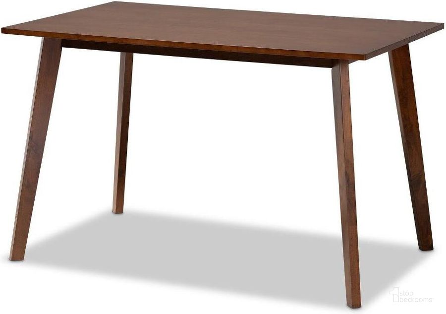 The appearance of Britte Mid-Century Modern Transitional Walnut Brown Finished Rectangular Wood Dining Table designed by Baxton Studio in the transitional interior design. This walnut piece of furniture  was selected by 1StopBedrooms from Britte Collection to add a touch of cosiness and style into your home. Sku: Fiesta-Walnut-Rectangle DT. Table Base Style: Legs. Product Type: Dining Table. Table Top Shape: Rectangular. Material: Rubberwood. Size: 47". Image1