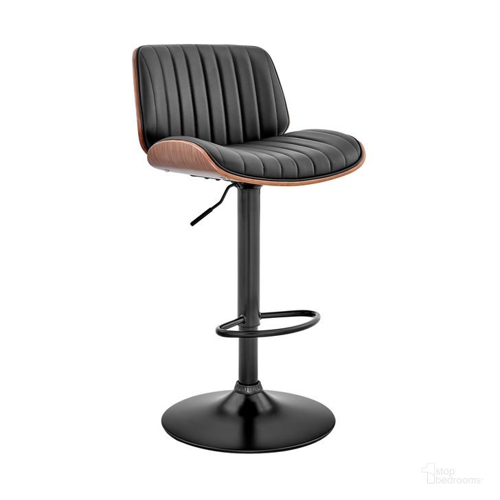 The appearance of Brock Adjustable Black Faux Leather and Walnut Wood Bar Stool with Black Base designed by Armen Living in the modern / contemporary interior design. This black piece of furniture  was selected by 1StopBedrooms from Brock Collection to add a touch of cosiness and style into your home. Sku: LCBCBAWABLBL. Product Type: Barstool. Material: Iron. Image1