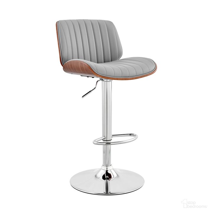 The appearance of Brock Adjustable Gray Faux Leather and Walnut Wood with Chrome Finish Bar Stool designed by Armen Living in the modern / contemporary interior design. This gray piece of furniture  was selected by 1StopBedrooms from Brock Collection to add a touch of cosiness and style into your home. Sku: LCBCBAWAGR. Product Type: Barstool. Material: Iron. Image1