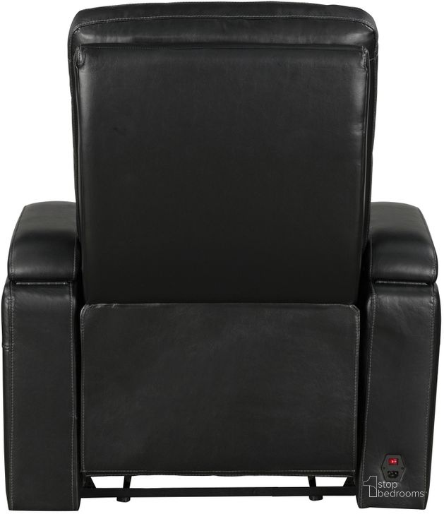 The appearance of Brockton Power Reclining Chair With Power Headrest and Cup Holder In Black designed by Homelegance in the modern / contemporary interior design. This black piece of furniture  was selected by 1StopBedrooms from Brockton Collection to add a touch of cosiness and style into your home. Sku: 8559BLK-1PWH. Material: Faux Leather. Product Type: Reclining Chair. Image1