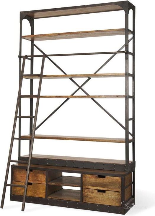The appearance of Brodie Ii Medium Brown Wood Copper Ladder Four Shelf Shelving Unit designed by Mercana in the industrial interior design. This medium brown piece of furniture  was selected by 1StopBedrooms from Brodie Collection to add a touch of cosiness and style into your home. Sku: 50031-AB. Material: Wood. Product Type: Bookcase. Image1