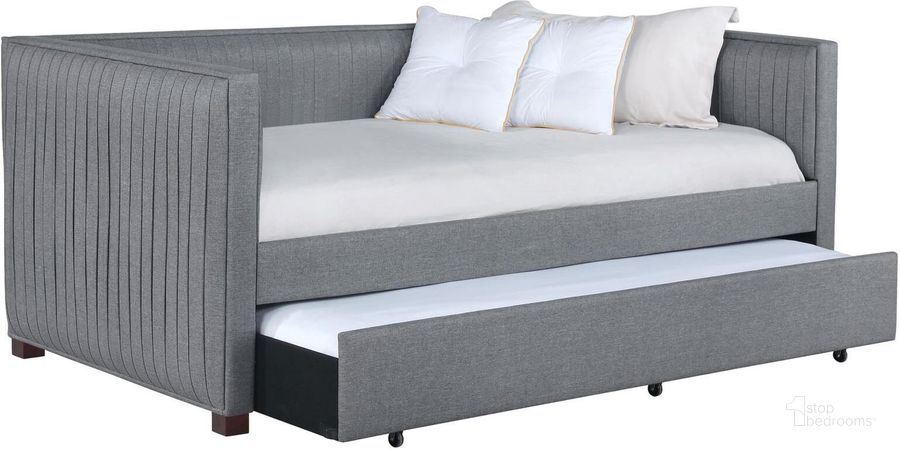 The appearance of Brodie Upholstered Twin Daybed with Trundle In Grey designed by Coaster in the glam interior design. This grey piece of furniture  was selected by 1StopBedrooms from Brodie Collection to add a touch of cosiness and style into your home. Sku: 300554B1;300554B2. Bed Type: Daybed. Material: Upholstered. Product Type: DayBed. Bed Size: Twin. Image1