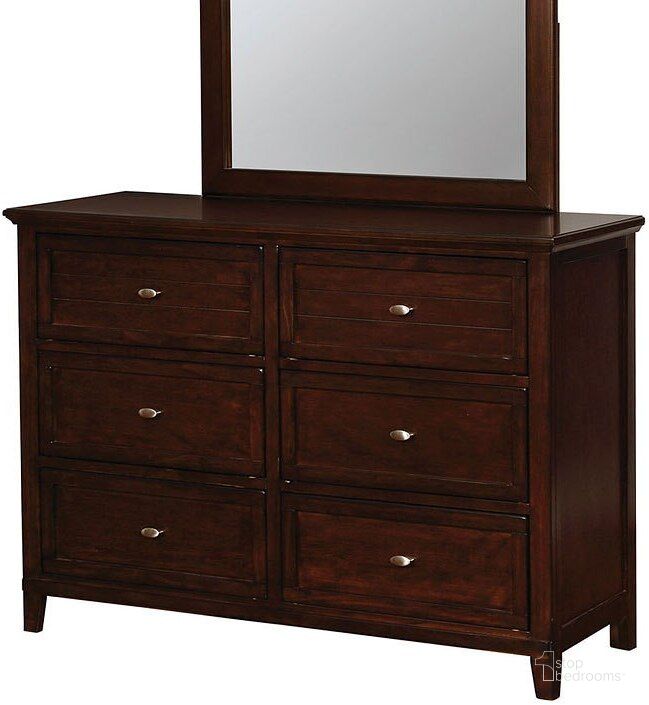 The appearance of Brogan Brown Cherry Dresser designed by Furniture of America in the transitional interior design. This brown piece of furniture  was selected by 1StopBedrooms from Brogan Collection to add a touch of cosiness and style into your home. Sku: CM7517CH-D. Material: Wood. Product Type: Dresser. Image1