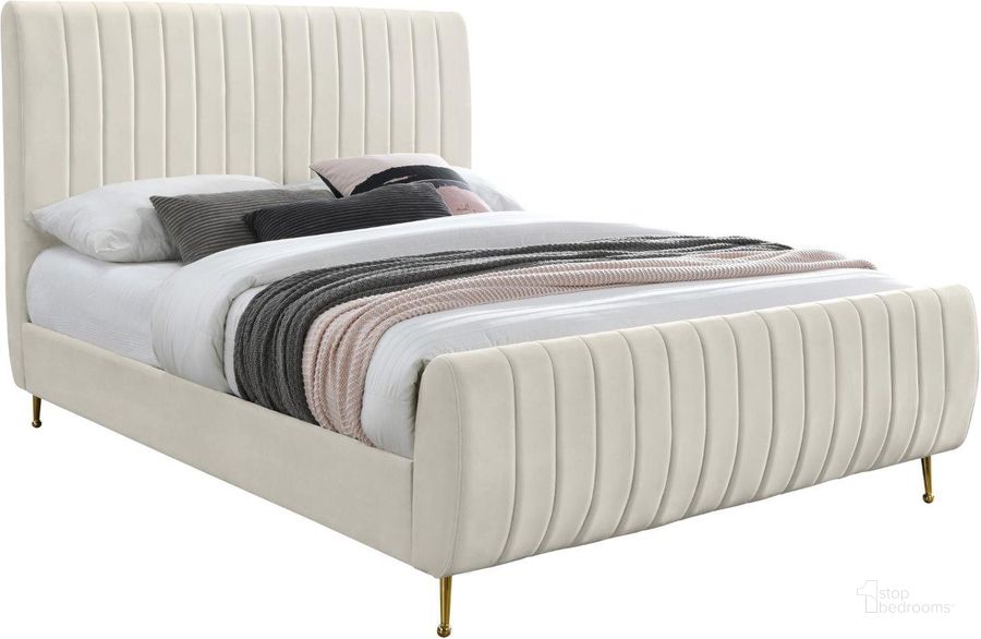 The appearance of Broly Cream Velvet King Panel Bed designed by Furnique in the modern / contemporary interior design. This cream velvet piece of furniture  was selected by 1StopBedrooms from Broly Collection to add a touch of cosiness and style into your home. Sku: ZaraCream-K-1;ZaraCream-K-2;ZaraCream-K-3. Product Type: Bed. Bed Size: King. Material: Velvet. Image1