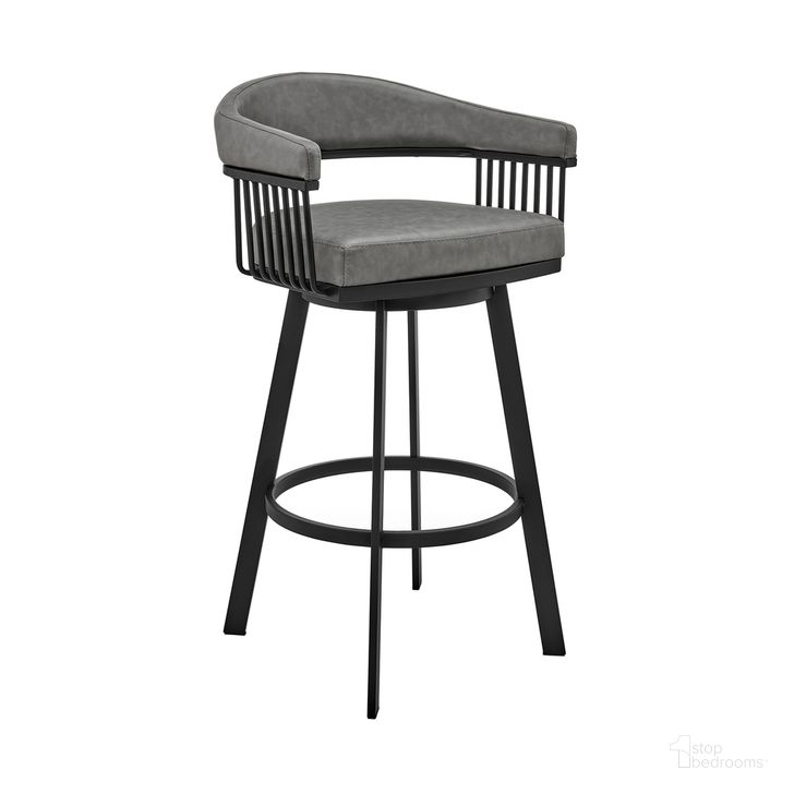 The appearance of Bronson 25 Inch Counter Height Swivel Bar Stool In Black Finish and Gray Faux Leather designed by Armen Living in the modern / contemporary interior design. This gray piece of furniture  was selected by 1StopBedrooms from Bronson Collection to add a touch of cosiness and style into your home. Sku: 721535761883. Product Type: Barstool. Material: Iron. Image1