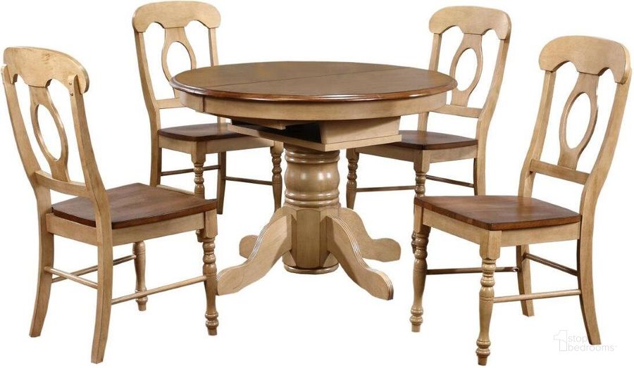 The appearance of Brook Napoleon Chairs 5 Piece Round or Oval Butterfly Leaf Dining Set designed by Sunset Trading in the traditional interior design. This two-tone brown piece of furniture  was selected by 1StopBedrooms from Brook Collection to add a touch of cosiness and style into your home. Sku: DLU-BR-TP-4260-PW-T;DLU-BR-TP-4260-PW-B;DLU-BR-C50-PW-2;DLU-BR-C50-PW-2. Material: Wood. Product Type: Dining Chair. Image1