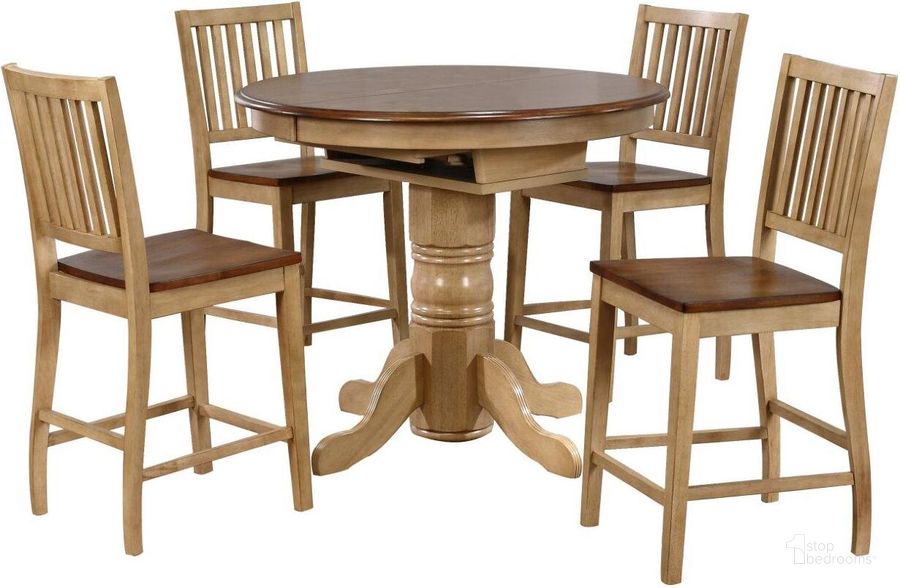 The appearance of Brook Slat Back Stools 5 Piece Round or Oval Butterfly Leaf Pub Table Set designed by Sunset Trading in the traditional interior design. This two-tone brown piece of furniture  was selected by 1StopBedrooms from Brook Collection to add a touch of cosiness and style into your home. Sku: DLU-BR-TP-4260-PW-T;DLU-BR-TP-4260-PW-CB;DLU-BR-B60-PW-2;DLU-BR-B60-PW-2. Material: Wood. Product Type: Bistro & Pub Set. Image1