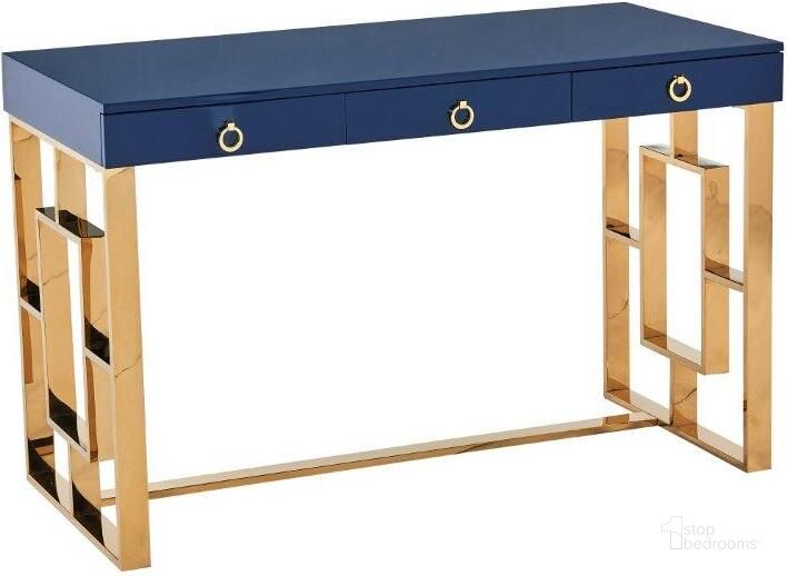 The appearance of Brooks 3 Drawer Wood And Stainless Steel Frame Writing Desk In Blue And Gold designed by Best Master Furniture in the modern / contemporary interior design. This blue/gold piece of furniture  was selected by 1StopBedrooms from Brooks Collection to add a touch of cosiness and style into your home. Sku: BA211BLG. Material: Metal. Product Type: Writing Desk. Image1