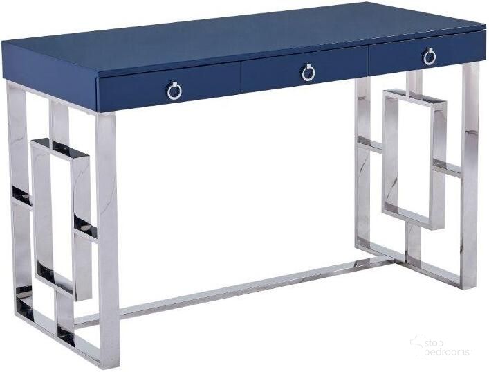 The appearance of Brooks 3 Drawer Wood And Stainless Steel Frame Writing Desk In Blue And Silver designed by Best Master Furniture in the modern / contemporary interior design. This blue piece of furniture  was selected by 1StopBedrooms from Brooks Collection to add a touch of cosiness and style into your home. Sku: BA211BLS. Material: Metal. Product Type: Writing Desk. Image1