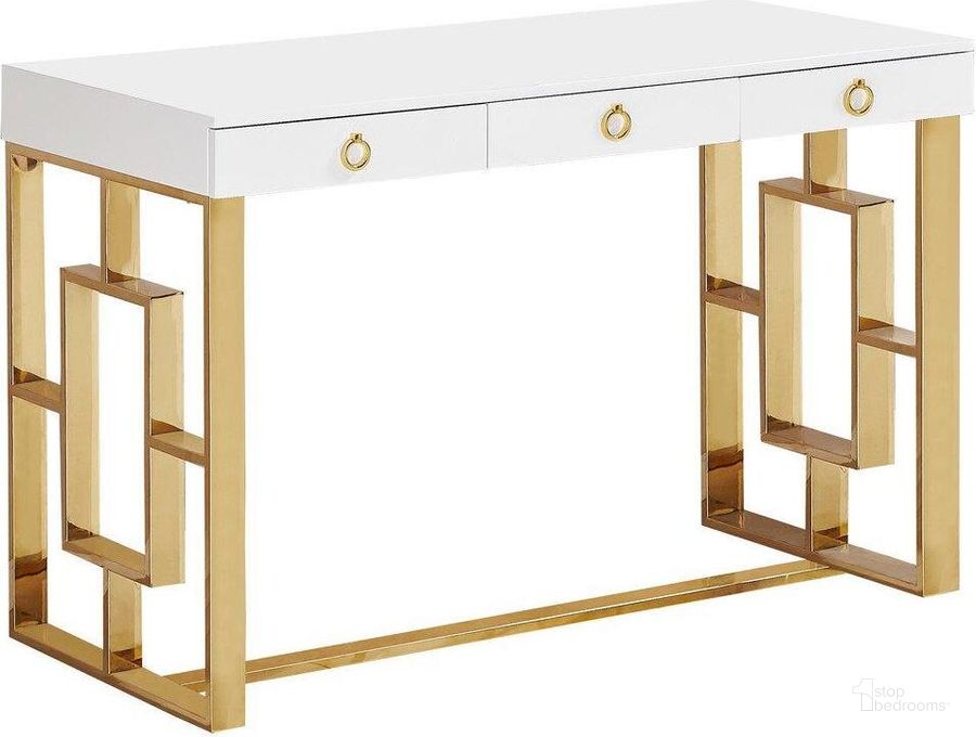 The appearance of Brooks 3 Drawer Wood And Stainless Steel Frame Writing Desk In Gold designed by Best Master Furniture in the modern / contemporary interior design. This gold piece of furniture  was selected by 1StopBedrooms from Brooks Collection to add a touch of cosiness and style into your home. Sku: BA211G. Material: Wood. Product Type: Writing Desk. Image1