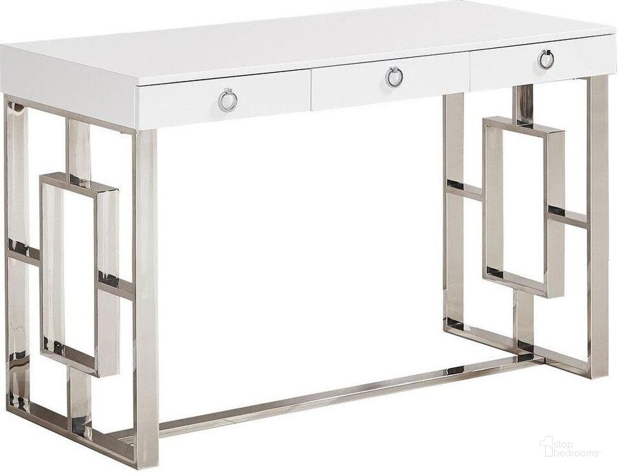 The appearance of Brooks 3 Drawer Wood And Stainless Steel Frame Writing Desk In Silver designed by Best Master Furniture in the modern / contemporary interior design. This silver piece of furniture  was selected by 1StopBedrooms from Brooks Collection to add a touch of cosiness and style into your home. Sku: BA211S. Material: Wood. Product Type: Writing Desk. Image1