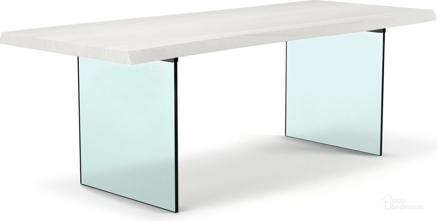 The appearance of Brooks 40 Inch x 116 Inch Glass Base Dining Table In White Wash Top And Clear Glass Base designed by Urbia in the modern / contemporary interior design. This white wash piece of furniture  was selected by 1StopBedrooms from Brooks Collection to add a touch of cosiness and style into your home. Sku: IL-BRO-DT-116WW-0101. Table Base Style: Double Pedestal. Material: Wood. Product Type: Dining Table. Table Top Shape: Rectangular. Size: 116". Image1