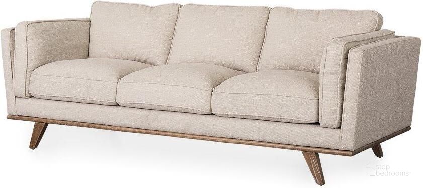 The appearance of Brooks Cream Fabric Three Seater Sofa With Medium Brown Wooden Legs designed by Mercana in the modern / contemporary interior design. This brown and cream piece of furniture  was selected by 1StopBedrooms from Brooks Collection to add a touch of cosiness and style into your home. Sku: 69620. Material: Wood. Product Type: Sofa. Image1