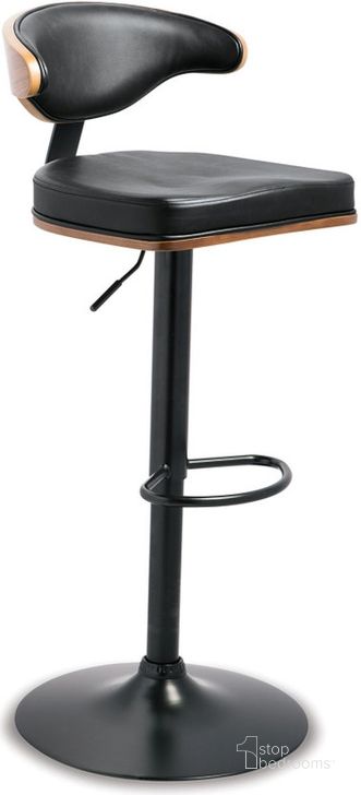 The appearance of Brown and Black Tall Upholstered Swivel Barstool designed by Signature Design by Ashley in the modern / contemporary interior design. This brown/black piece of furniture  was selected by 1StopBedrooms from Brown Collection to add a touch of cosiness and style into your home. Sku: D120-330. Material: Leather Match. Product Type: Barstool. Image1
