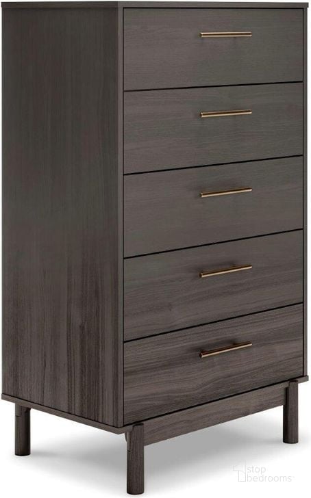 The appearance of Brymont Dark Gray Five Drawer Chest designed by Signature Design by Ashley in the modern / contemporary interior design. This dark gray piece of furniture  was selected by 1StopBedrooms from Brymont Collection to add a touch of cosiness and style into your home. Sku: EB1011-245. Material: Wood. Product Type: Chest. Image1