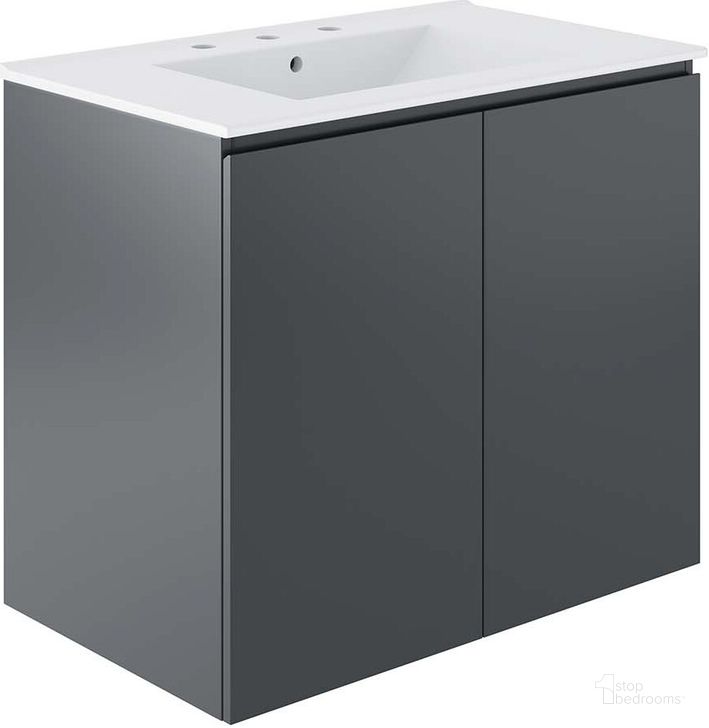 The appearance of Bryn 30 Inch  Wall-Mount Bathroom Vanity In Grey designed by Modway in the modern / contemporary interior design. This grey piece of furniture  was selected by 1StopBedrooms from Bryn Collection to add a touch of cosiness and style into your home. Sku: EEI-5778-GRY-WHI. Material: Ceramic. Product Type: Bathroom Vanity. Image1