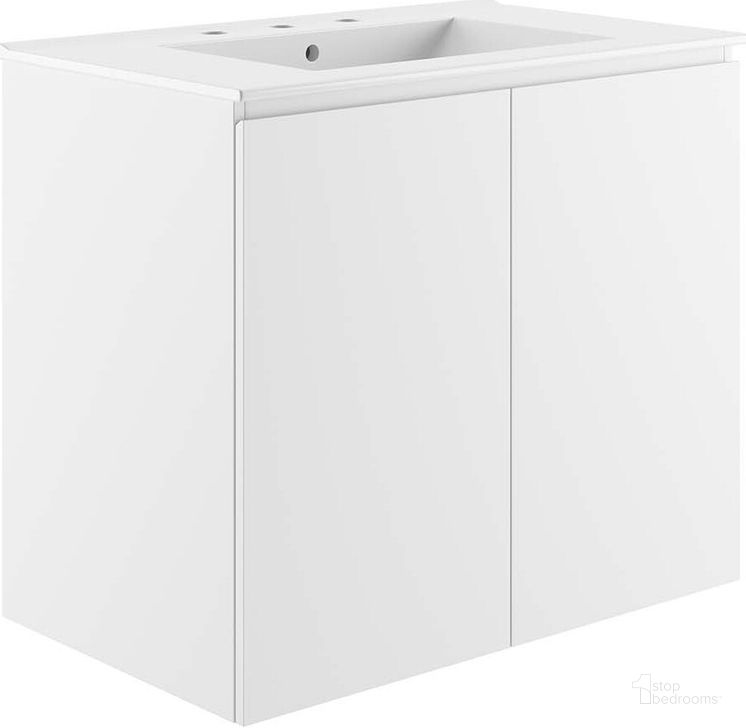 The appearance of Bryn 30 Inch  Wall-Mount Bathroom Vanity In White designed by Modway in the modern / contemporary interior design. This white piece of furniture  was selected by 1StopBedrooms from Bryn Collection to add a touch of cosiness and style into your home. Sku: EEI-5778-WHI-WHI. Material: Ceramic. Product Type: Bathroom Vanity. Image1