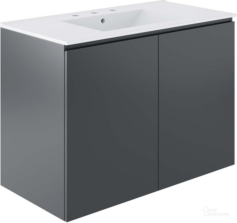 The appearance of Bryn 36 Inch  Wall-Mount Bathroom Vanity In Grey designed by Modway in the modern / contemporary interior design. This grey piece of furniture  was selected by 1StopBedrooms from Bryn Collection to add a touch of cosiness and style into your home. Sku: EEI-5779-GRY-WHI. Material: Ceramic. Product Type: Bathroom Vanity. Image1
