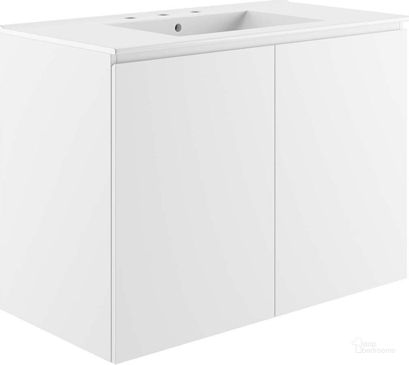 The appearance of Bryn 36 Inch  Wall-Mount Bathroom Vanity In White designed by Modway in the modern / contemporary interior design. This white piece of furniture  was selected by 1StopBedrooms from Bryn Collection to add a touch of cosiness and style into your home. Sku: EEI-5779-WHI-WHI. Material: Ceramic. Product Type: Bathroom Vanity. Image1