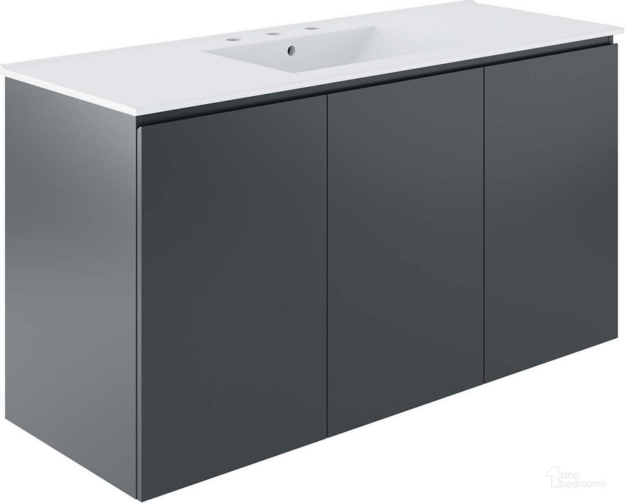 The appearance of Bryn 48 Inch  Wall-Mount Bathroom Vanity In Grey designed by Modway in the modern / contemporary interior design. This grey piece of furniture  was selected by 1StopBedrooms from Bryn Collection to add a touch of cosiness and style into your home. Sku: EEI-5780-GRY-WHI. Material: Ceramic. Product Type: Bathroom Vanity. Image1